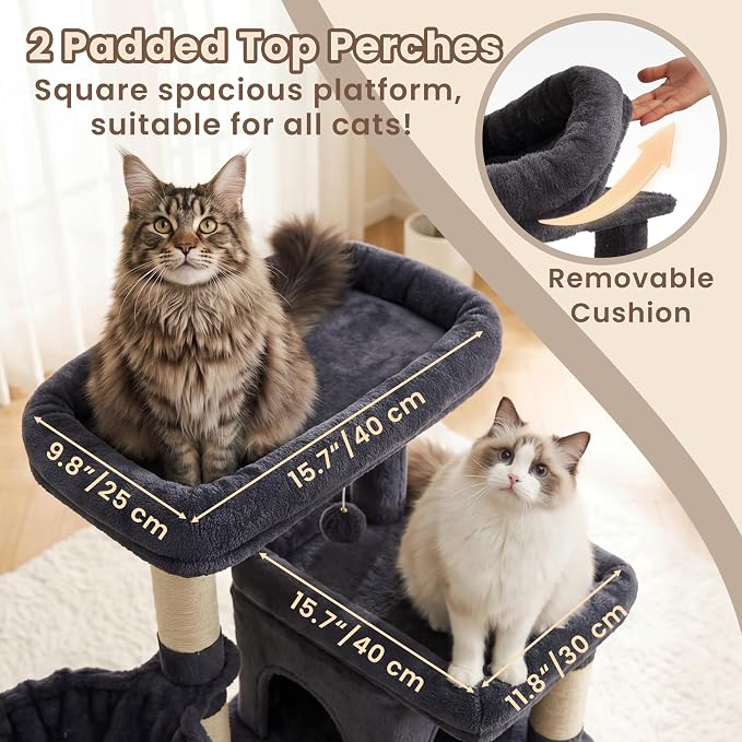 Heybly Cat Tree, 56" Multi-Level Easy Climb Tower for Large Cats HCT028G | Cat Furniture with 2 Perches, Cozy Hammock, Spacious Condo & Cat Basket, Durable Sisal Scratching Posts, Smoky Gray
