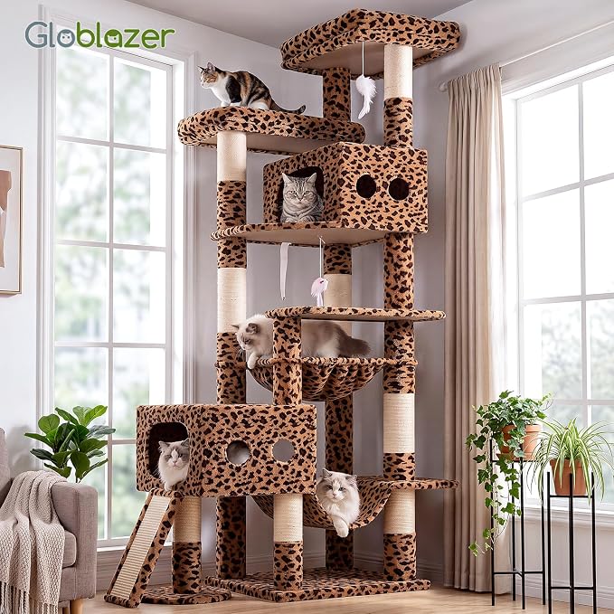 Globlazer 83inch Sturdy Multi-Level Tall Cat Tower, S83G, Leopard Print | Extra Large Heavy Duty Cat Tree for Indoor Large Adult Cats Kittens with 2 Cat Condo, 8 Scratching Post, 2 Hammock