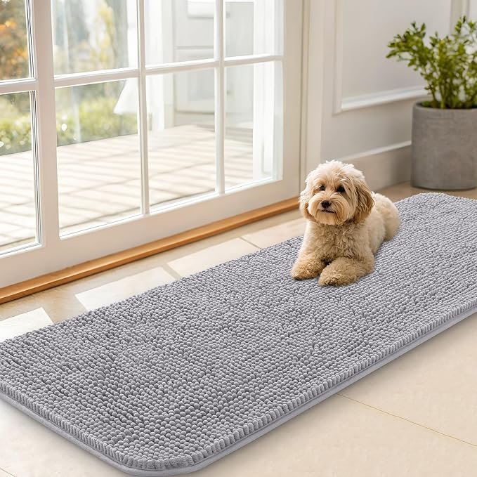 OLANLY Dog Door Mat for Muddy Paws 59x20, Super Absorbent Chenille Mud Mat | Light Grey, Absorbs Moisture and Dirt, Non-Slip Machine Washable Doormat, Quick-Drying Indoor Entryway Floor Carpet for Dogs