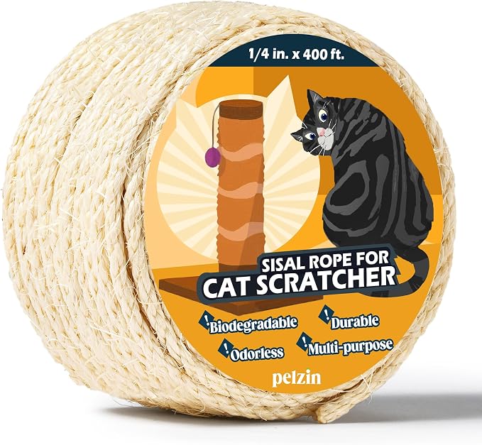 Pelzin Natural Sisal Rope for Cat Scratcher 1/4 Inch by 400 Feet, Cat Tree Rope Twine for Cat Scratching Post Replacement, Cat Tower with Scratch Post Repairing, Replace, Recovering and DIY, White