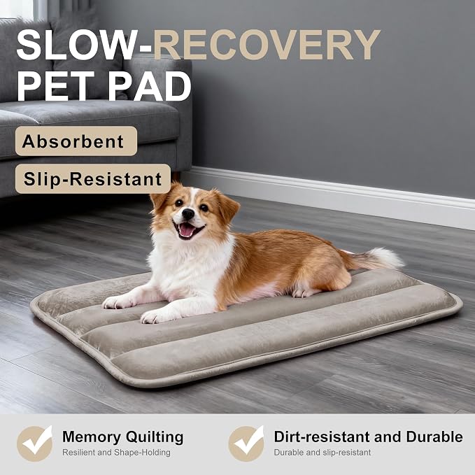Dog Bed Mat, Reversible Dog Crate Pad with Washable Kennel Mat and Soft Foam, Flat Pet Bed for Dogs & Cats, for Crates Carriers & Travel (Light Brown, 28" L*16" W*1.5" Th)