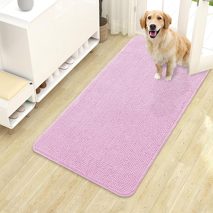 OLANLY Dog Door Mat for Muddy Paws 40x24, Super Absorbent Chenille Mud Mat | Pink, Absorbs Moisture and Dirt, Non-Slip Machine Washable Doormat, Quick-Drying Indoor Entryway Floor Carpet for Dogs