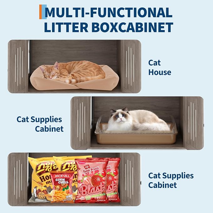 Cat Tree with Litter Box Enclosure, Multi-Level Cat Tower with Hidden Litter Box Furniture, Large Plush Top Perch, Sisal Scratching Posts, Cat Condo & Hammock for Indoor Cats, Living Room,Grey
