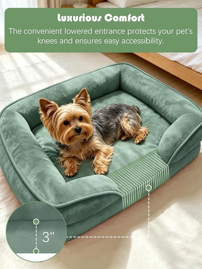 Spotted Play Orthopedic Dog Bed with Sides - Sofa Beds for Small Dogs, Supportive Foam Pet Couch Bed with Washable Removable Cover, Waterproof Lining and Non-Slip Bottom, Green - S