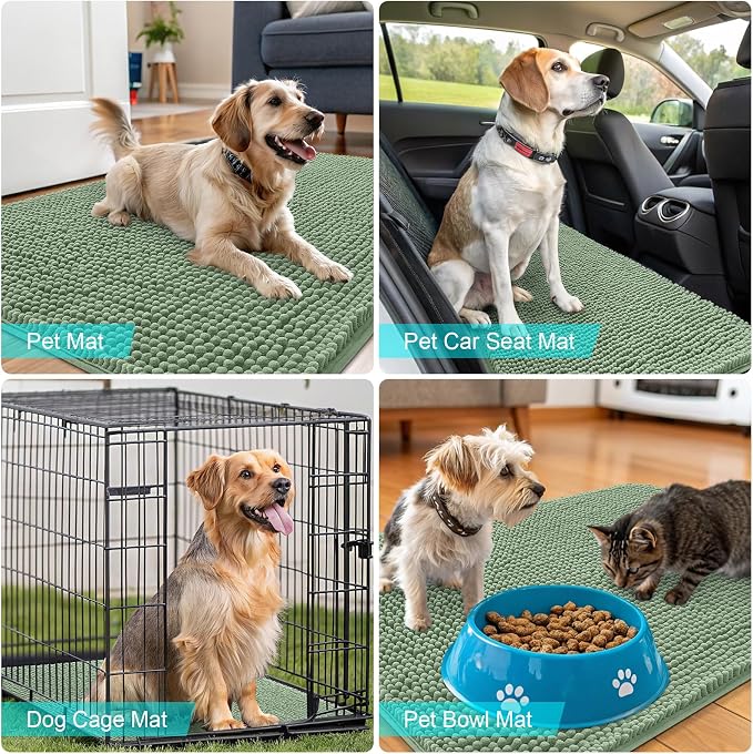 OLANLY Dog Door Mat for Muddy Paws 44x24, Super Absorbent Chenille Mud Mat | Olive Green, Absorbs Moisture and Dirt, Non-Slip Machine Washable Doormat, Quick-Drying Indoor Entryway Floor Carpet for Dogs