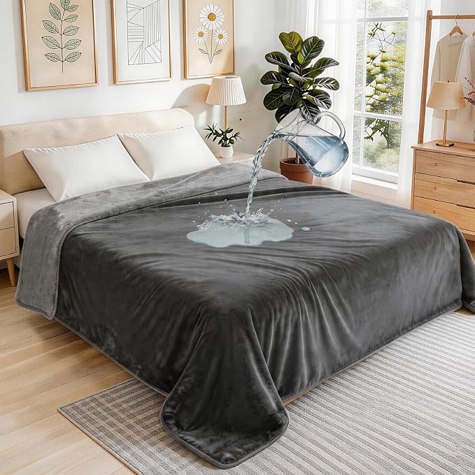 JUIN Waterproof Dog Blanket for Bed: Queen Size Water Proof Blanket, Gray | 100% Waterproof, Soft Double-Sided Flannel, Queen Size 90" x 90", Pet & Bed Protection, Machine Washable