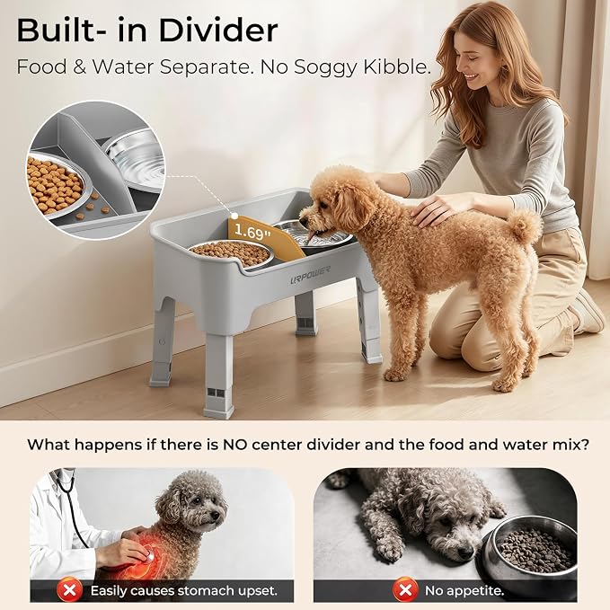 URPOWER Mess Proof Elevated Dog Bowls, Splash Guard Raised Bowl Stand | 4 Adjustable Heights, 2 Stainless Steel Bowls, Food & Water Separation, Non-Slip Base, Foldable Design for Small Dogs