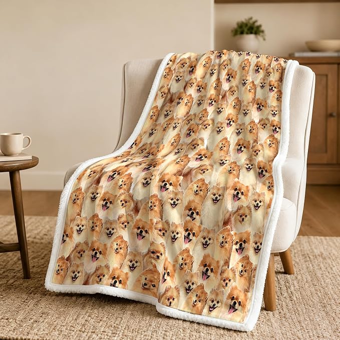 BlessLiving Pomeranian Golden Throw Blanket with Dense Dog Patterns Sherpa Fleece Blanket Couch Bed, Soft Cozy Warm Pet Blankets for Puppy Lovers Cute Animal Print Gift 50x60 Inches