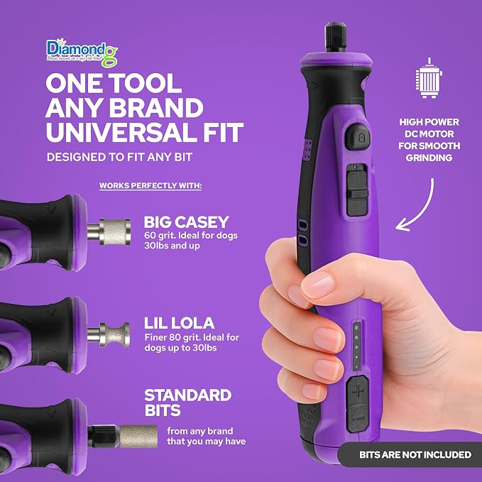 Diamondg Cordless Dog Nail Grinder - Quiet Sound with LED Light, Purple | 5-Speed Rechargeable Pet Nail Trimmer for Small & Large Dogs, USB-C Charging, 4hrs. Runtime, Painless, 2 Bits Included