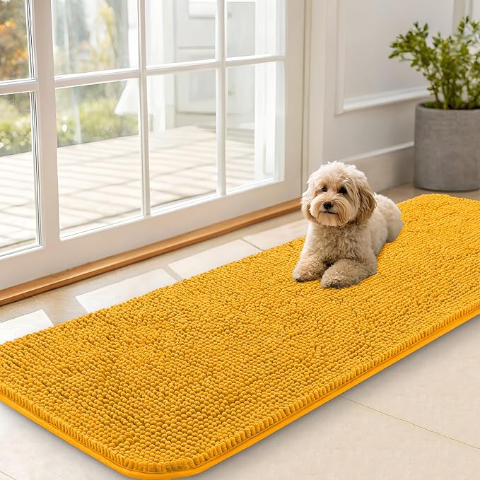 OLANLY Dog Door Mat for Muddy Paws 59x20, Super Absorbent Chenille Mud Mat | Golden Yellow, Absorbs Moisture and Dirt, Non-Slip Machine Washable Doormat, Quick-Dry Indoor Entryway Floor Carpet for Dogs
