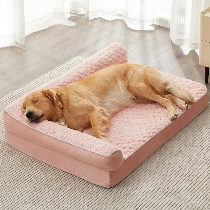 BFPETHOME Orthopedic Washable Dog Bed, Sleeping Couch for Large Senior Dogs | Deluxe Plush Rose Velvet Washable Cover, Egg Crate Foam Support, Waterproof Lining, Non-Slip Bottom, Senior Dogs