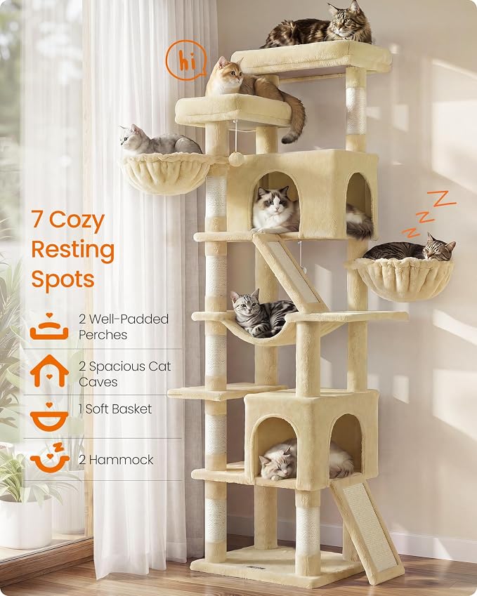 Feandrea Large Cat Tree, 81.1" Tall Sturdy Cat Tower for Indoor, Beige | Multi-Level Cat Condo with Sisal Scratching Posts, Hammock, Climbing Ladder, Easy to Assemble, UPCT021Y101S