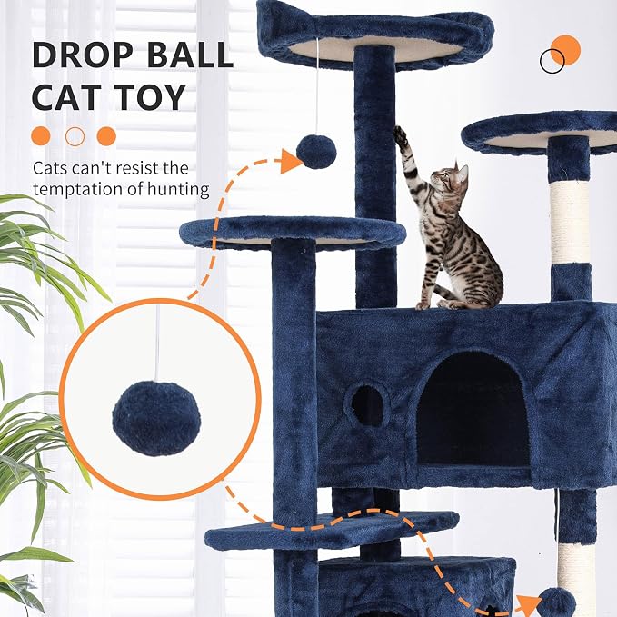 Cat Tree for Indoor Cats, Multi-Level Cat Tower with Scratching Posts & Cozy Condo, Space Saving Cat Activity Center, Durable Pet Play House (54in,Navy Blue)
