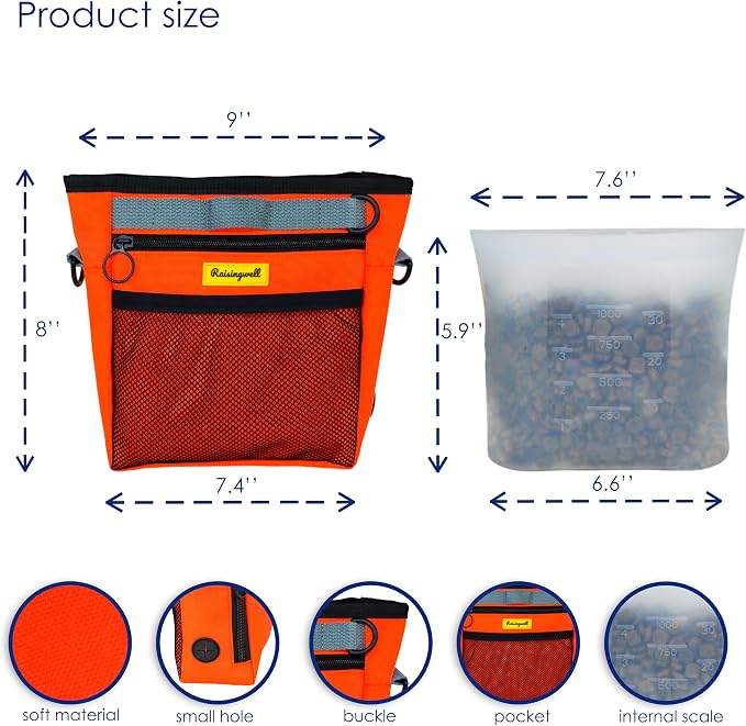 Raisingwell Dog Treat Pouch with Magnetic Closure 4-Cup Silicone Bag Fanny Pack Holder with Clicker 4 Ways to Wear Front Pocket Fits All Phones Ideal for Leash, Pet Walking and Training（Orange）