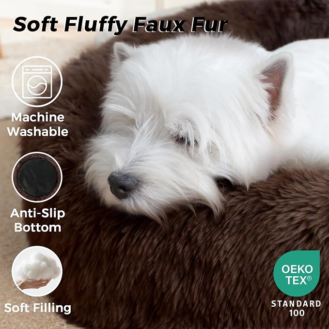 Calming Round Dog Bed & Cat Bed with Anti-Slip Bottom, Medium Size Washable Anti-Anxiety Donut Dog Beds for Small Dogs & Cats, Fluffy Plush Soft Dog Bed(24 Inch, Dark Brown)