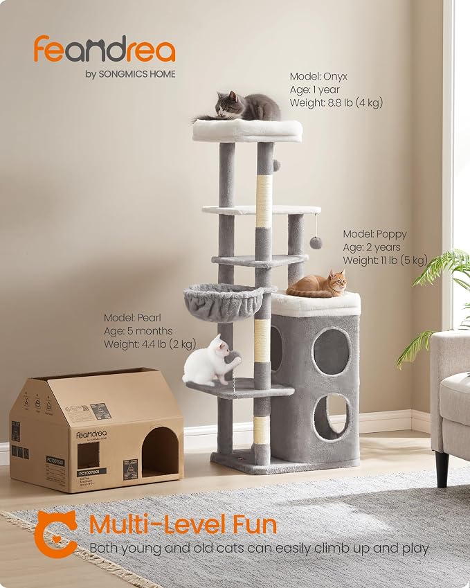 Feandrea Cat Tree Indoor, 60" Multiple-Level Plush Cat Tower, Dove Gray | 2 Caves, 3 Steps, 3 Scratching Posts, 3 Ball Toys, Cat Condo House for Large Adult Cats, UPCT007G01