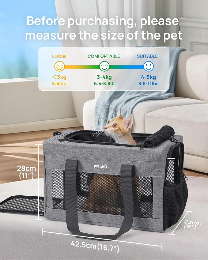 Pecute Airline Approved Cat Carrier, Pet Carrier Soft-Sided, Portable Dog Carrier with Stable Structure, TSA Approved Pet Carrier for Pets Less Than 12lbs, Cat Carrier Bag Suitable for Travel, Gray