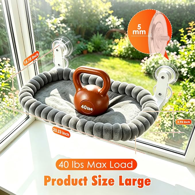 IPOW Cat Window Perch Cordless Foldable Cat Hammock Bed for Window with 4-Sided Bolster, Sturdy Metal Frame & Strong Suction Cups Window Hammock for Large Cats and Kittens 23.3 * 15.8in(Gray)