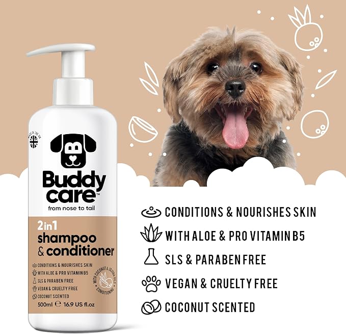 Buddycare 2in1 Dog Shampoo and Conditioner (16.90oz) | Coconut Scented Dog Shampoo Sensitive Skin | Hypoallergenic Itch Relief for Smelly Dogs | Essential Dog Grooming Supplies
