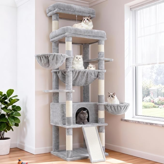 Hey-brother Cat Tree Tower with Extra Large Platform and Basket, MPJ080W | 71.7 Inches Scratching Posts with Specious Condo, 2 Cozy Hammocks, Scratch Board for Indoor Adult Cats, Maine Coon Light Gray