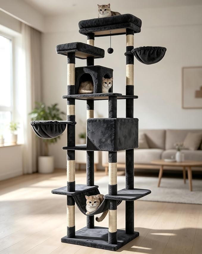 Cat Tree, 81-Inch Tall Cat Tower with Scratching Post, Plush Multi-Level Cat Condo with 2 Perches, 2 Caves, 2 Basket, Hammock for Indoor Cats Grey