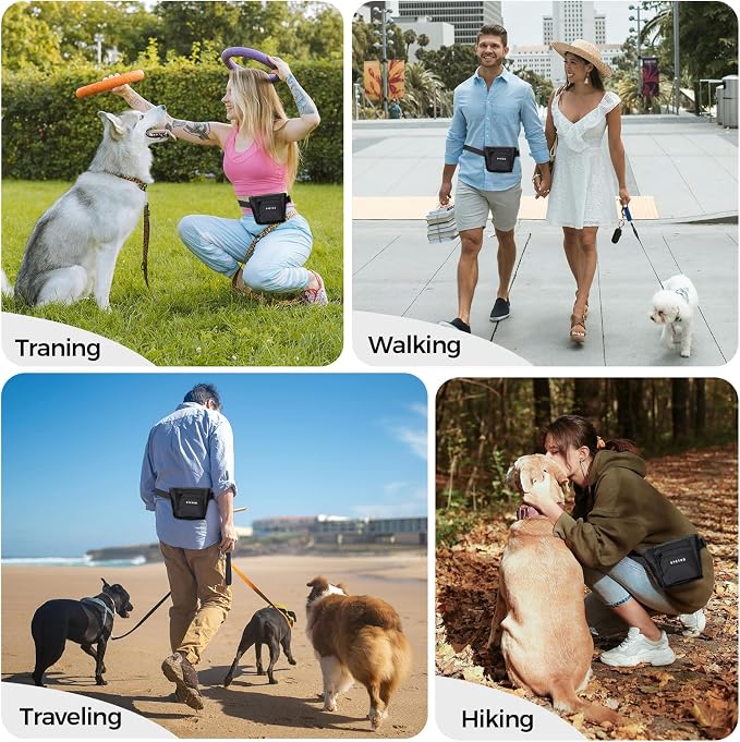 Dog Treat Pouch, Powerful Magnet Closure Device Dog Training Treat Bag Large Capacity Pet Treat Pouch with Poop Bag Dispenser Treat Bag for Dog Training with Metal Waistband Clip (Black)