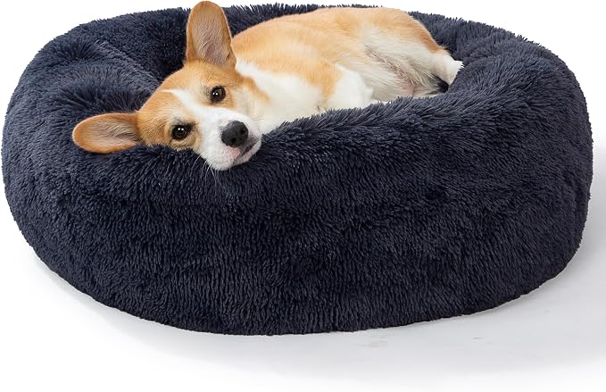 SAVFOX 30 inches Calming Donut Dog Bed - 3X Durable Plush Faux Fur, Machine Washable & Non-Slip, Fits up to 45 lbs, Dark Grey