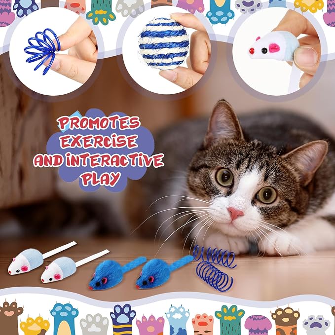 Gemscream 46 Pcs Cat Toys Set Interactive Cute Cat Toys Include Fur Mice Rattle Springs Crinkle Balls Pompom Bell Sisal Ball Puzzle Chase Toys for Kitten Indoor Stuff Gift(Blue)