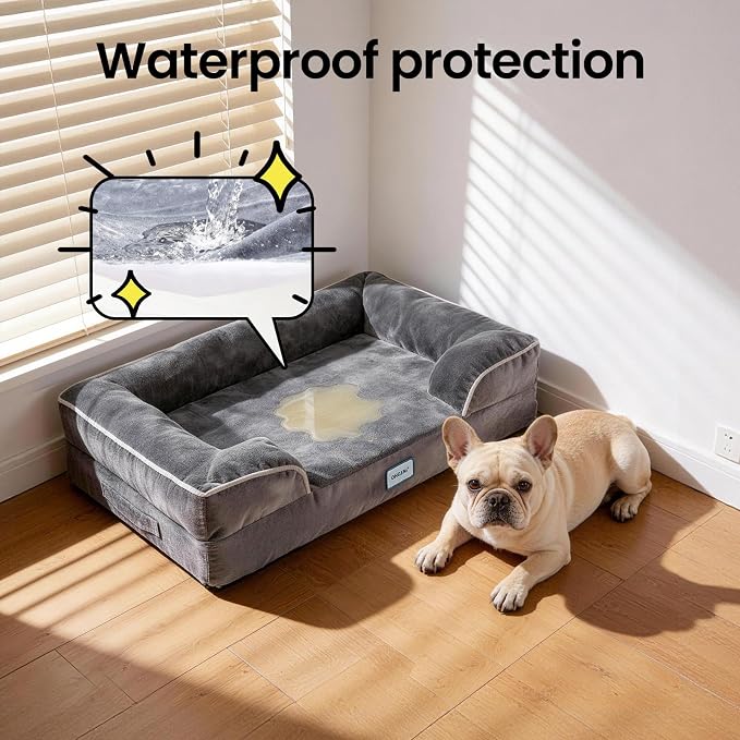 OhGeni Orthopedic Dog Bed Couch Cat Sofa for Medium Sized Pets with Memory Foam, Machine-Washable Waterproof Removable Cover, Soft Comfortable Fabric, 28-inch (Gray)