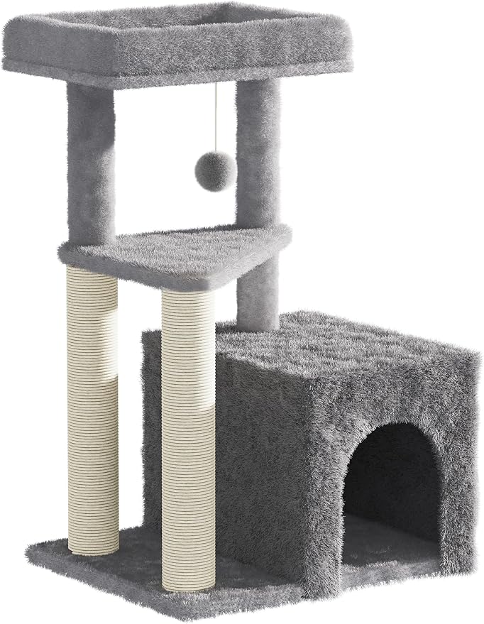 Cat Tree Tower for Indoor Cats, 33 Inches Multi-Level Cat Condo with Scratching Posts, Large Perch, Hanging Toy for Large Adult Cats, Gray
