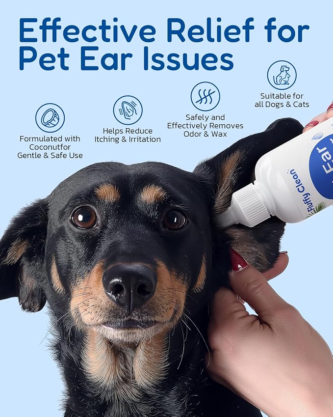 Dog Ear Cleaner - Pet Ear Wash, Flush and Drop Cleaner Solution for Cat & Dog Infection and Itch Relief, Gently Removes Debris, Wax Buildup, Odor - 1.69 fl oz