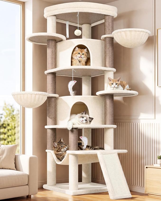 Globlazer 73in Corner Stable Cat Tree for Indoor Cats, C73, Beige | Space-Saving Multi-Level Climbing Tower, Large Fan-Shaped Condos & Top Perch, 8 Full-Sisal Posts & Board, Metal Baskets
