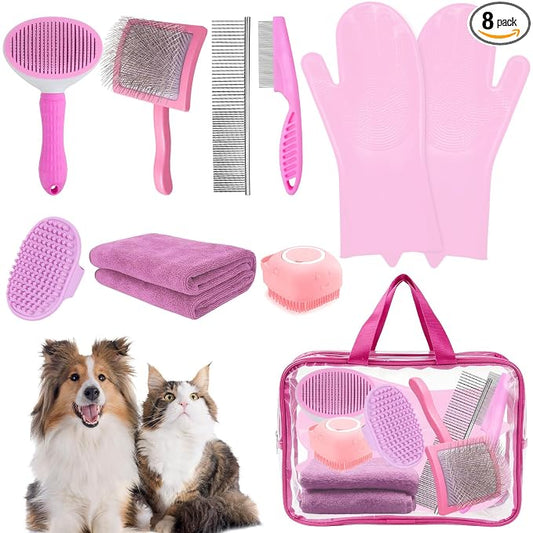 8PCS Dog Slicker Brush for Dogs Grooming Kit,Bath Grooming Kit for Pets,Hair Brush Set with Towel,Washing Gloves,Slicker Comb,and Shampoo Scrubber Brush for Small and Large Dogs and Cats Cats(Pink)