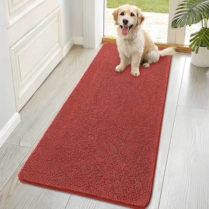 OLANLY Dog Door Mat for Muddy Paws 70x32, Super Absorbent Chenille Mud Mat | Maple Red, Absorbs Moisture and Dirt, Non-Slip Machine Washable Doormat, Quick-Drying Indoor Entryway Floor Carpet for Dogs