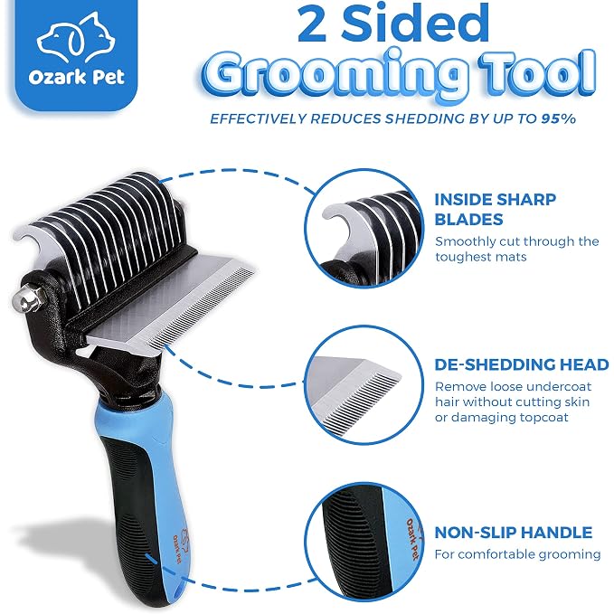 Grooming Brush for Dog/Cat with 2 Sided Grooming Brush for De-Shedding, De-Matting Reduces Shedding up to 95%, Great Short to Long Hair (Blue, Small)