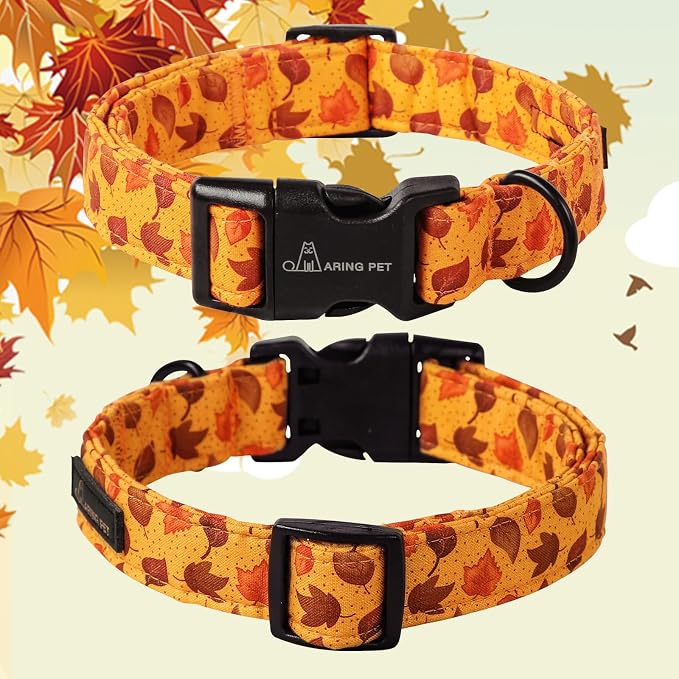 ARING PET Fall Dog Collar, Cute Autumn Maple Leaves Cotton Lightweight Pet Collars with Quick Release Buckle for Puppy Small Medium Large Boy Girl Dogs-L