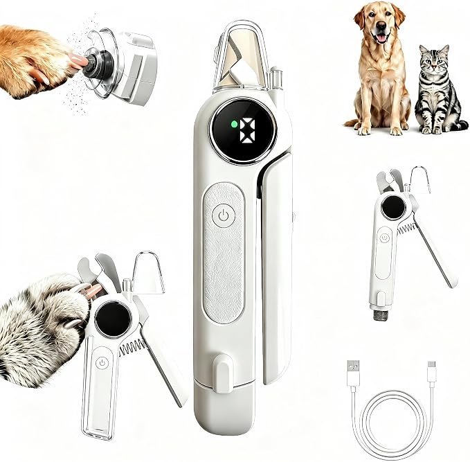 2-in-1 Dogs Cats Nail Electric Clipper & Grinder Quiet, Pet Nail Trimmers | Electric Nail Clippers with Light for Large Medium Small Dog & Cat, 3 Speed Grinder Nail Clipping Safety Guard Rechargeable