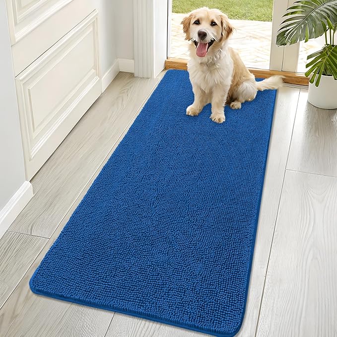 OLANLY Dog Door Mat for Muddy Paws 70x32, Super Absorbent Chenille Mud Mat | Deep Navy Blue, Absorbs Moisture and Dirt, Non-Slip Machine Washable Doormat, Quick-Dry Indoor Entryway Floor Carpet for Dogs