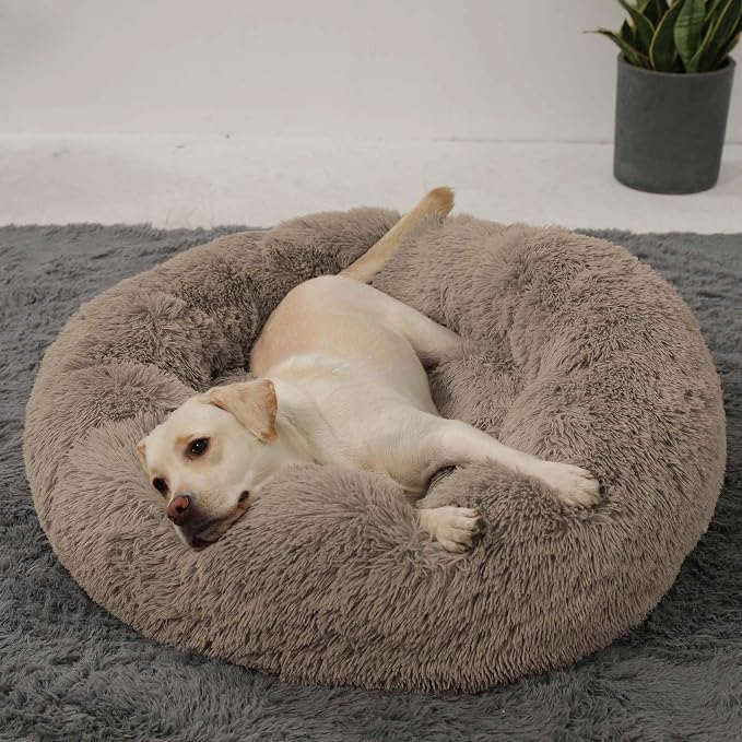 HACHIKITTY Calming Donut Cuddler Dog Bed, Round Fluffy Pet Bed with Sewn-in Cushion for Large Dogs,Washable, Large, Taupe, 30''