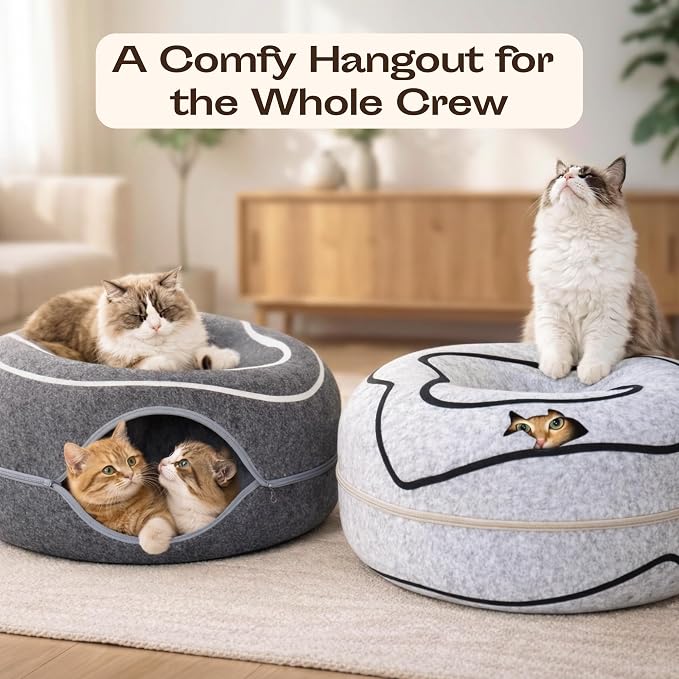 Peekaboo Cat Cave Donut - Cat Tunnel Bed for Indoor Cats – Cute Patterns Hideaway for Multiple & Large Cats, Scratch-Resistant (Dark Gray)