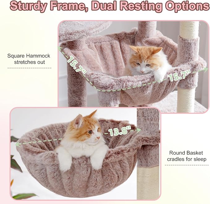 Heybly Cat Tree, 76-Inch Tall Heavy Duty Cat Tower for Big Cats HCT039MU | Multi-Level Large Cat Furniture with Extra Wide Baseboard, 2 Condos & 2 Hammocks, 10 Scratching Posts, Rosy Brown