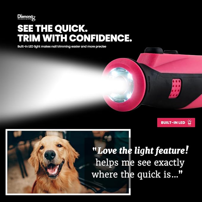 Diamondg Cordless Dog Nail Grinder - Quiet Sound with LED Light, Pink | 5-Speed Rechargeable Pet Nail Trimmer for Small & Large Dogs, USB-C Charging, 4hrs. Runtime, Painless Dog Nail Grinding Kit