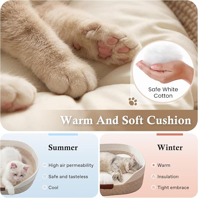 YOUDENOVA Cat Bed Basket with Removable Cushion,Stimulicat Handwoven Cat&Dog Basket,Cat Beds for Indoor Cats Couch, Kitten Bed for Medium and Large Cat, All Season Universal