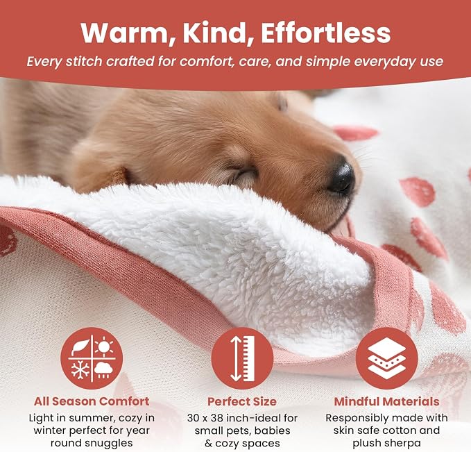 Baby & Pet Blanket 100% Cotton with Sherpa Fleece – Soft Stroller & Cuddle Blanket for Baby, Dog & Cat – Breathable, Hypoallergenic, Washable – 76×96 cm Amber Glow