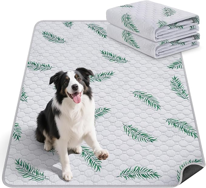 Washable Dog Pee Pads, Non-Slip Waterproof, 36 x 54 in, 2 Pack, Leaf | Super absorbent, waterproof and non-slip; washable, reusable dog pads for crates, playpens, floors, furniture and travel