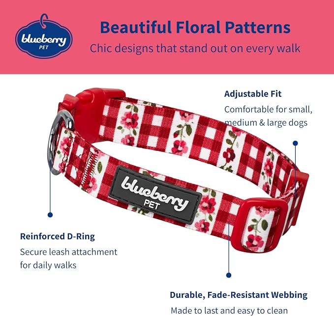 Blueberry Pet Spring Scent Inspired Dainty Flower Dog Collar, Red Check, Adjustable Dog Collar for Medium Dogs, Size Medium, Neck 14.5-20"