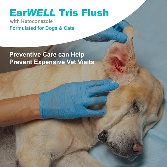 VetWELL EarWELL Tris Flush Dog Ear Cleaner Solution 12oz | Otic Cleanser Drops to Help Eliminate Odor and Relieve Skin Irritations, 12oz