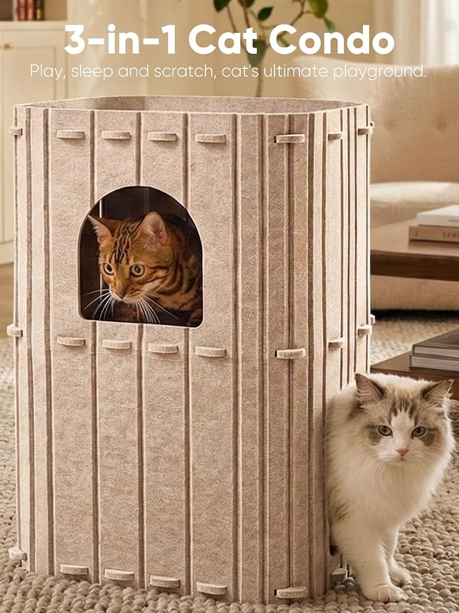 FUKUMARU Cat House for Indoor Cats, Warm Felt Cat Bed, Scratch Resistant | Large Cat Bed Cave, 3-in-1 Cat Condo, Cozy Felt Covered Cats Tunnel, 23.62 Inch Kitten Hideaway for Multicats, Beige