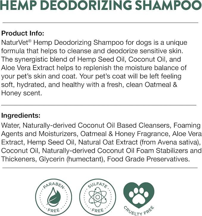NaturVet Hemp Deodorizing Shampoo for Dogs - Plus Oatmeal & Honey – 16 oz | Gently Cleanses & Deodorizes Skin & Coat, Enhanced with Hemp Seed Oil, Coconut Oil & Aloe Vera Extract
