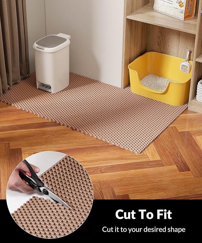 Cooyes Cat Litter Mat - Cut to Fit Any Place, 47"x35" Extra Large Litter Trapping Mat for Litter Box, Easy to Clean, Waterproof & Non-Slip Kitty Pad, Scatter Control to Protect the Floor (Khaki)
